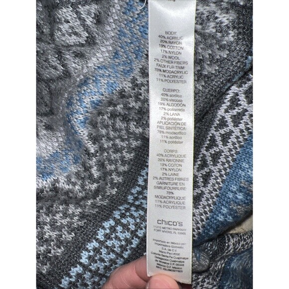 Chico's Elaine Cardigan Sweater XS Blue Gray Faux Fur Long Sleeve Tie Belt Cozy - Picture 11 of 16